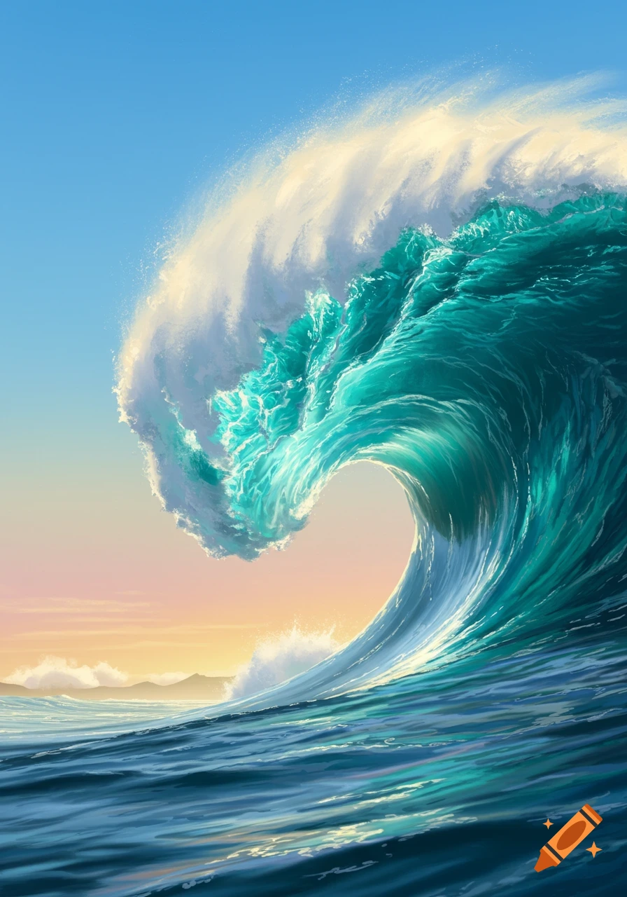 A towering blue and turquoise ocean wave crashes with white foam, against a gradient blue and orange sky.