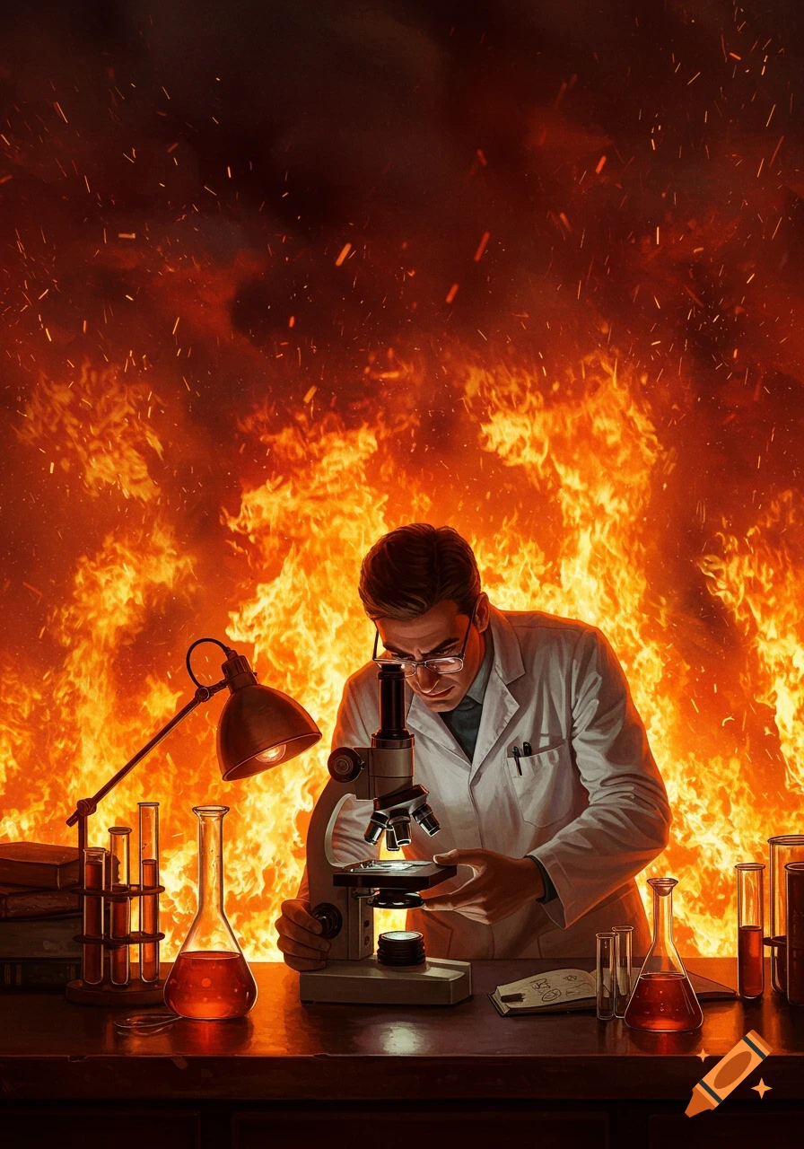 A male scientist uses a microscope in a laboratory, dramatically silhouetted against a raging wall of fire.