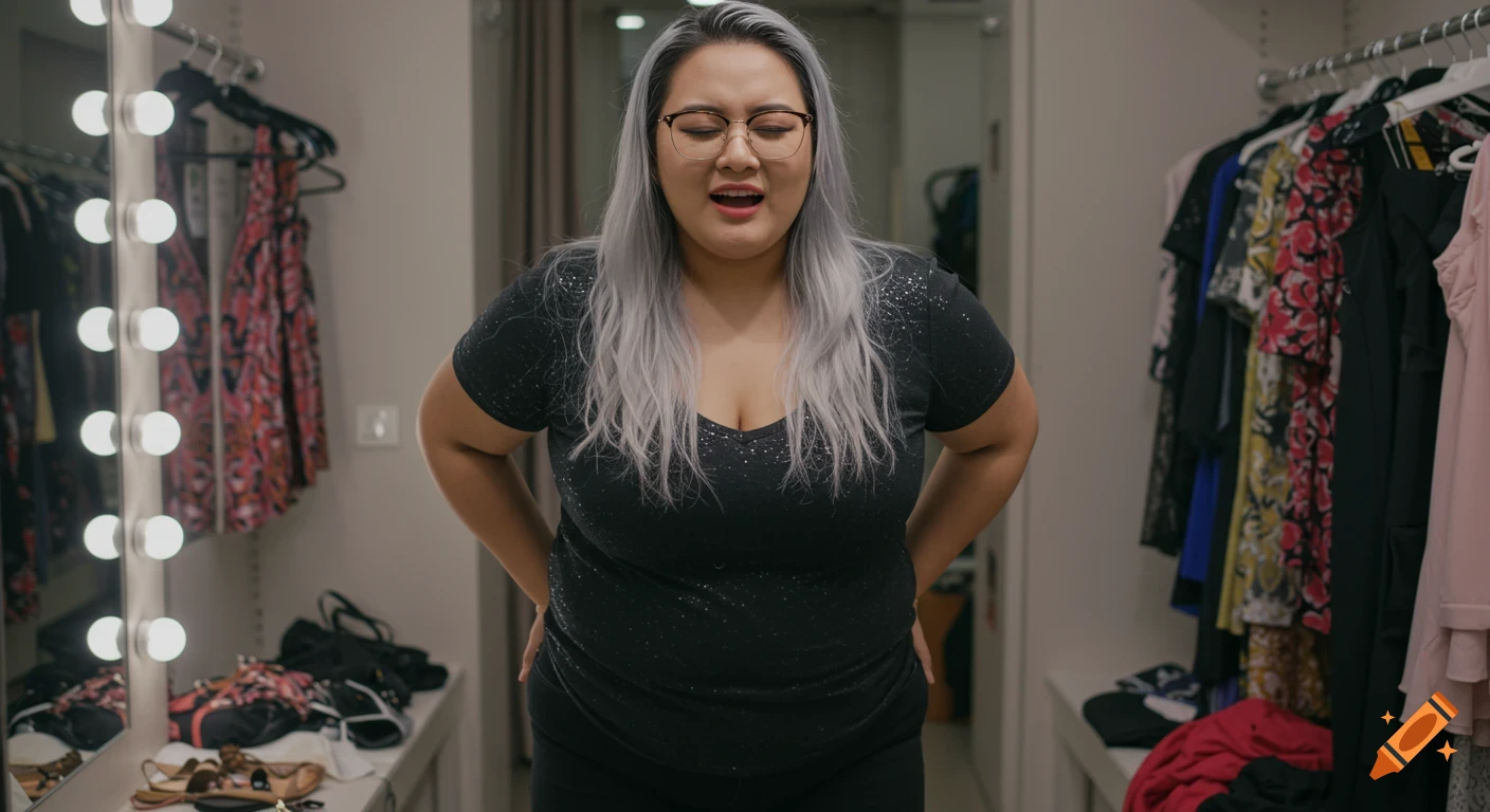 A voluptuous woman with silver hair and glasses, making a face in a dressing room.