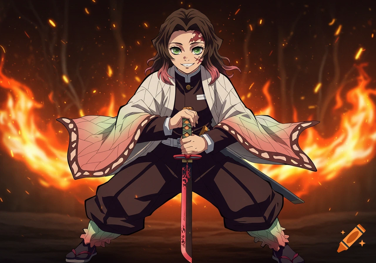 Anime-style illustration of a female Demon Slayer with brown hair, pink tips, scars, green eyes, in a white and pink kimono, holding a sword against a fire background.