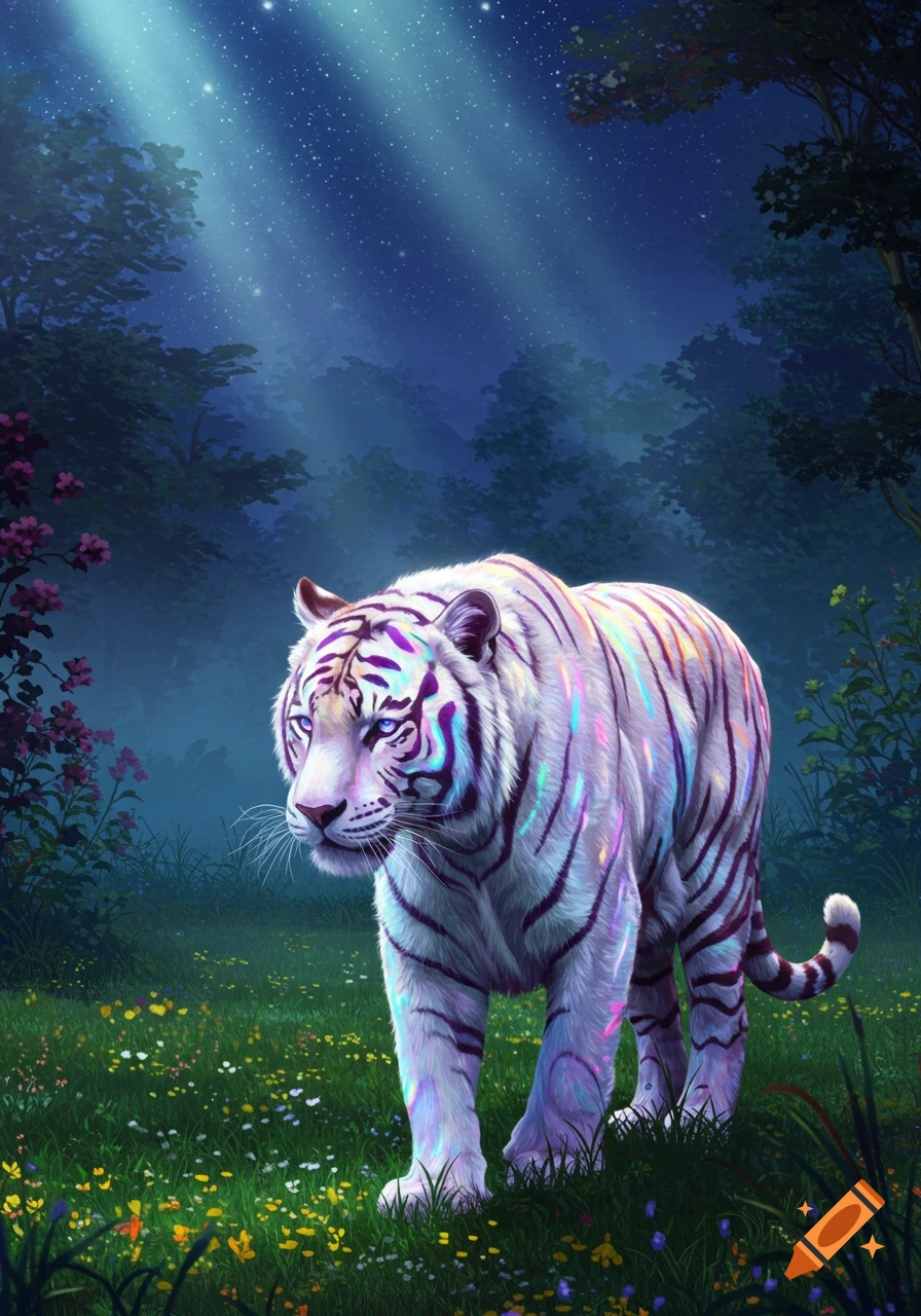 A majestic white tiger with iridescent, rainbow-colored stripes walks through a moonlit, magical forest filled with wildflowers.