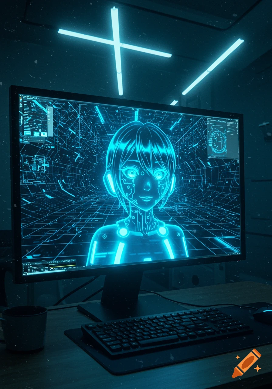 A glowing blue wireframe anime girl on a computer monitor in a dark, Tron-style room with neon lights, keyboard, and mouse.