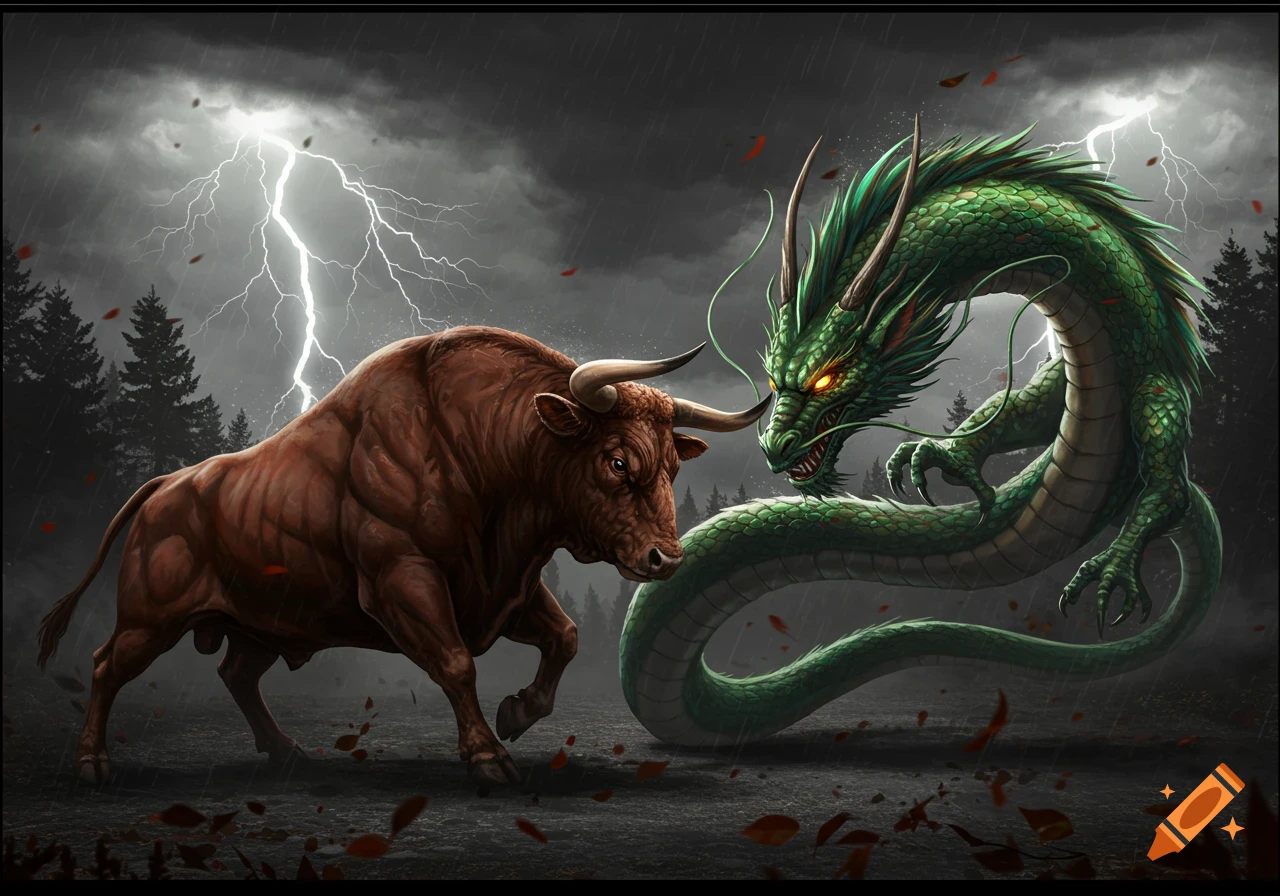 A muscular brown bull and a green serpentine dragon face each other menacingly in a stormy landscape with lightning.