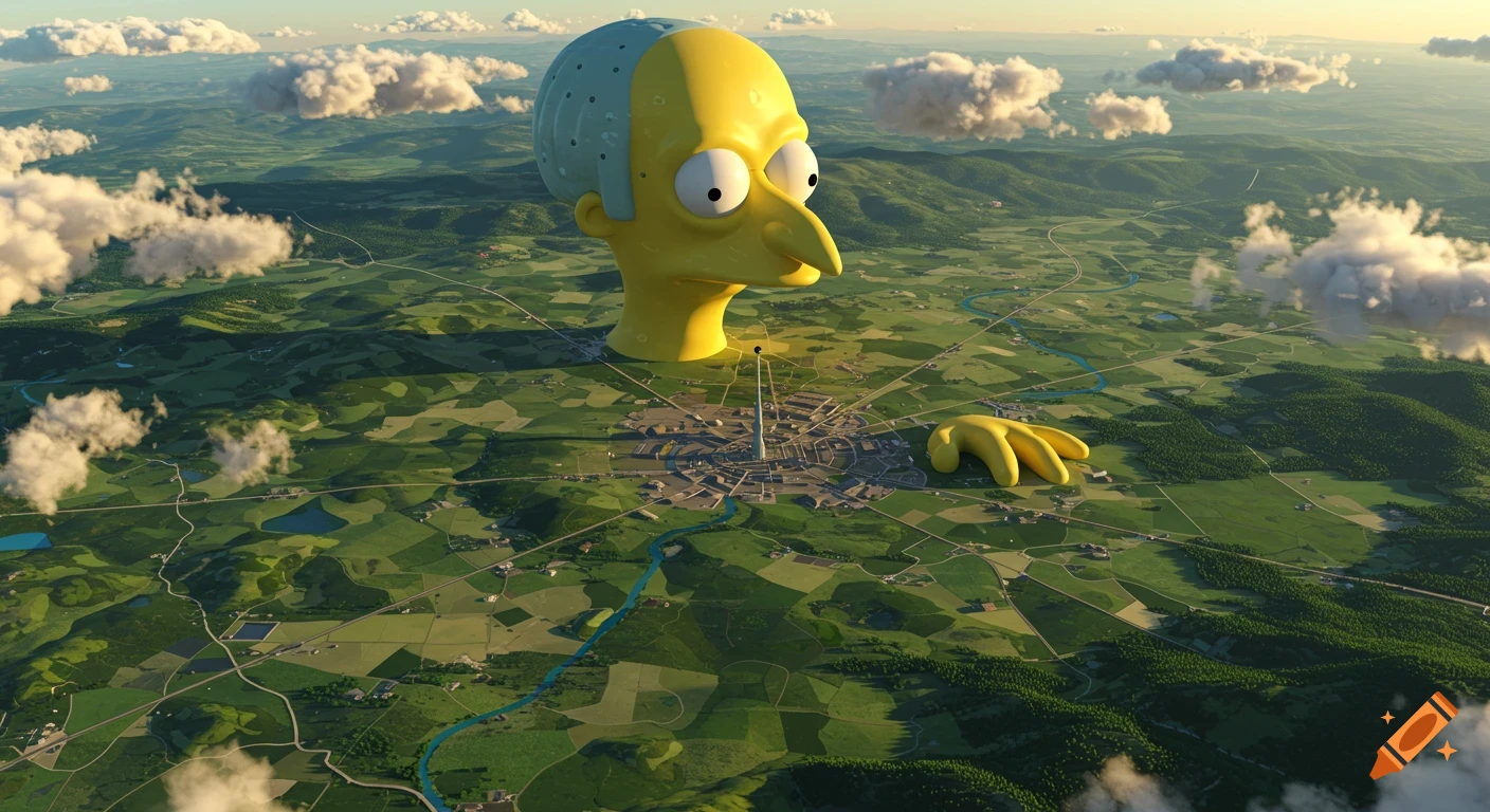 A giant yellow Mr. Burns head and hand are embedded in a vast green landscape with a circular city, rivers, and clouds under a bright sky.