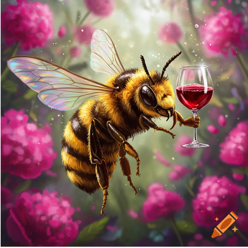 A stylized, fluffy bee with iridescent wings holds a glass of red wine amidst a vibrant background of pink flowers.