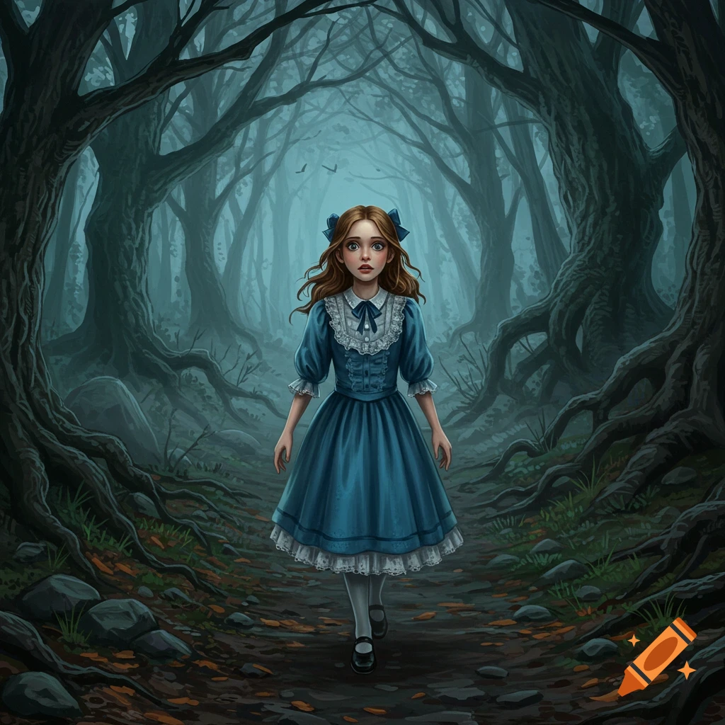 A worried young girl in a blue dress and ribbon walks alone on a path through a dark, gnarled forest in an illustrative style.
