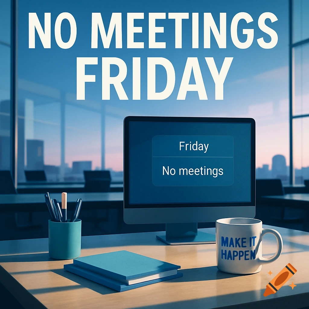 An office desk with a computer displaying 'No meetings Friday,' a mug, and 'NO MEETINGS FRIDAY' as a large announcement in the background.