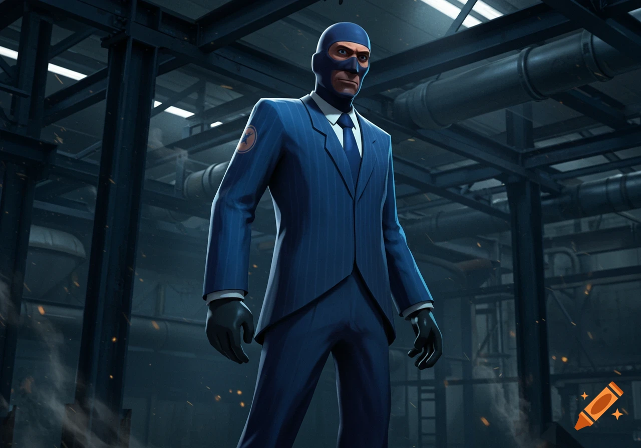 The Spy from Team Fortress 2, in a blue suit and mask, stands in a dark industrial facility.