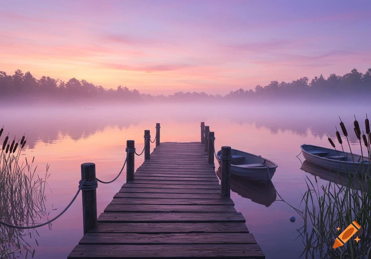 A wooden dock extends into a misty lake during a vibrant pink and purple sunrise or sunset, with two small boats floating nearby and cattails in the foreground.