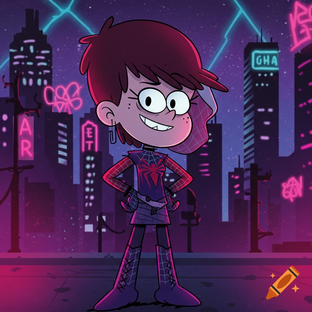 Luna Loud as Spider-Gwen stands in a futuristic, neon-lit cyberpunk city at night, hands on hips, smiling.