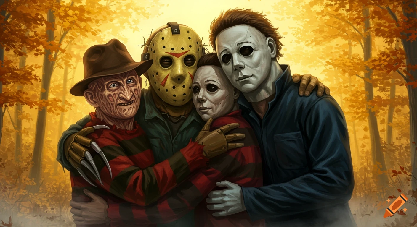 Freddy Krueger, Jason Voorhees, and two Michael Myers-like masked figures in a group hug in an autumn forest, in a stylized illustration.