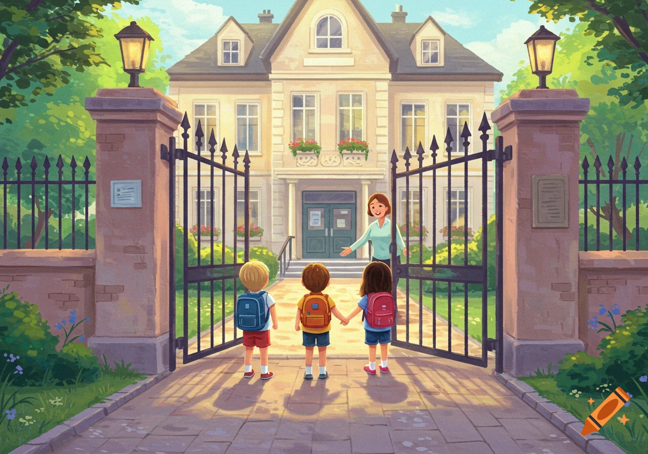 Illustration of three children with backpacks arriving at a school gate, where a teacher welcomes them.