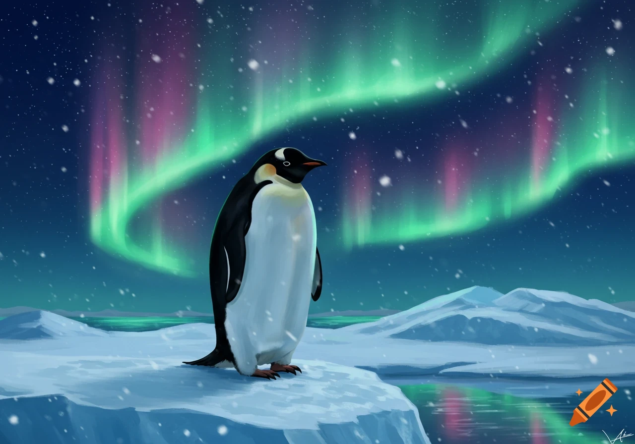 A stylized illustration of a penguin on an ice floe under a vibrant green and pink aurora borealis in an arctic landscape.