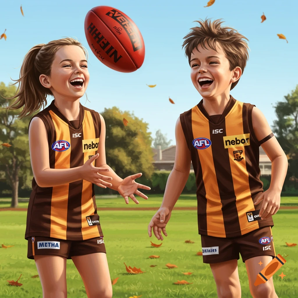 A happy boy and girl in brown and gold Hawthorn jerseys laughing while playing with an AFL ball in a park. Falling autumn leaves are scattered in the grass and sky, with trees and houses in the background. The art style is a vibrant illustration.