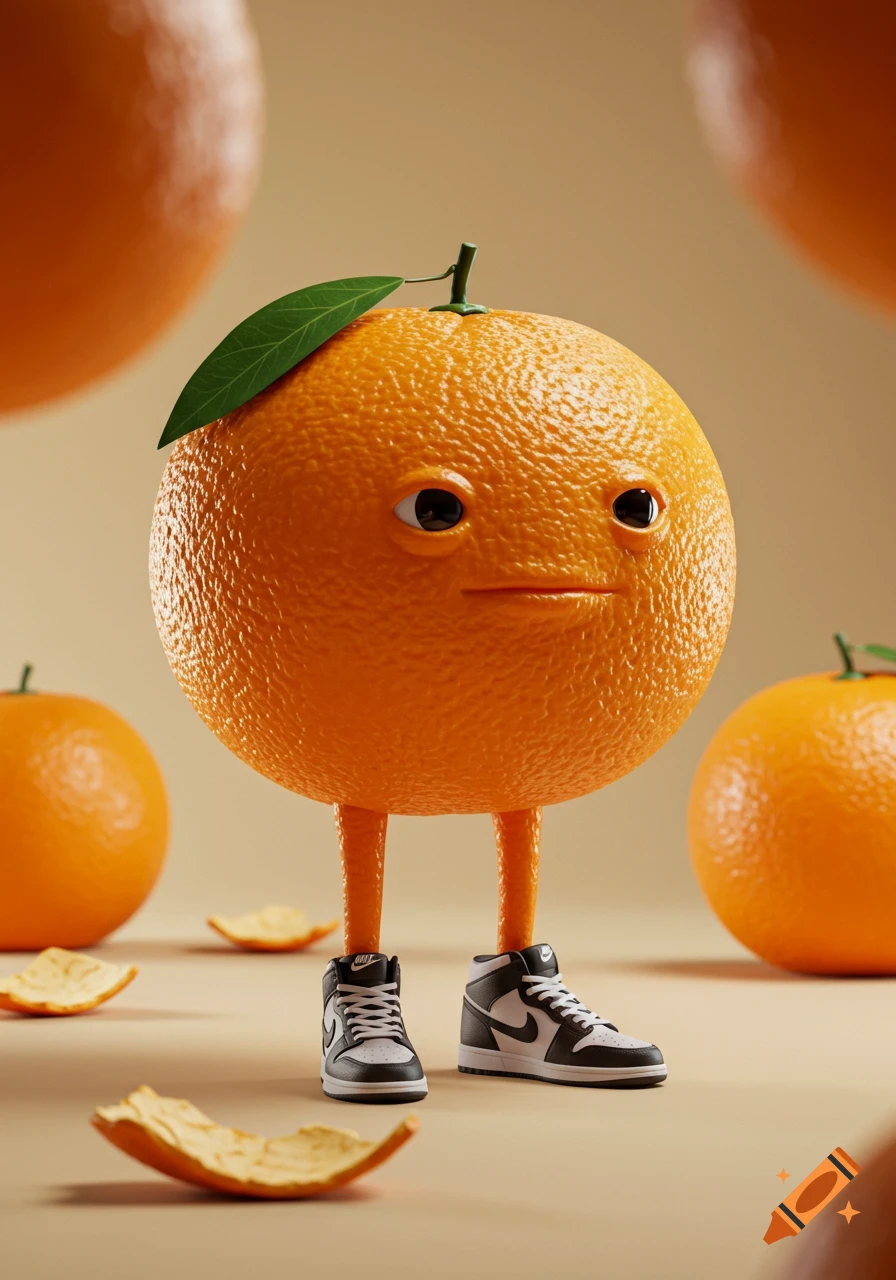 A 3D rendered anthropomorphic orange character with a neutral face and a leaf on its head, wearing black and white Nike sneakers.