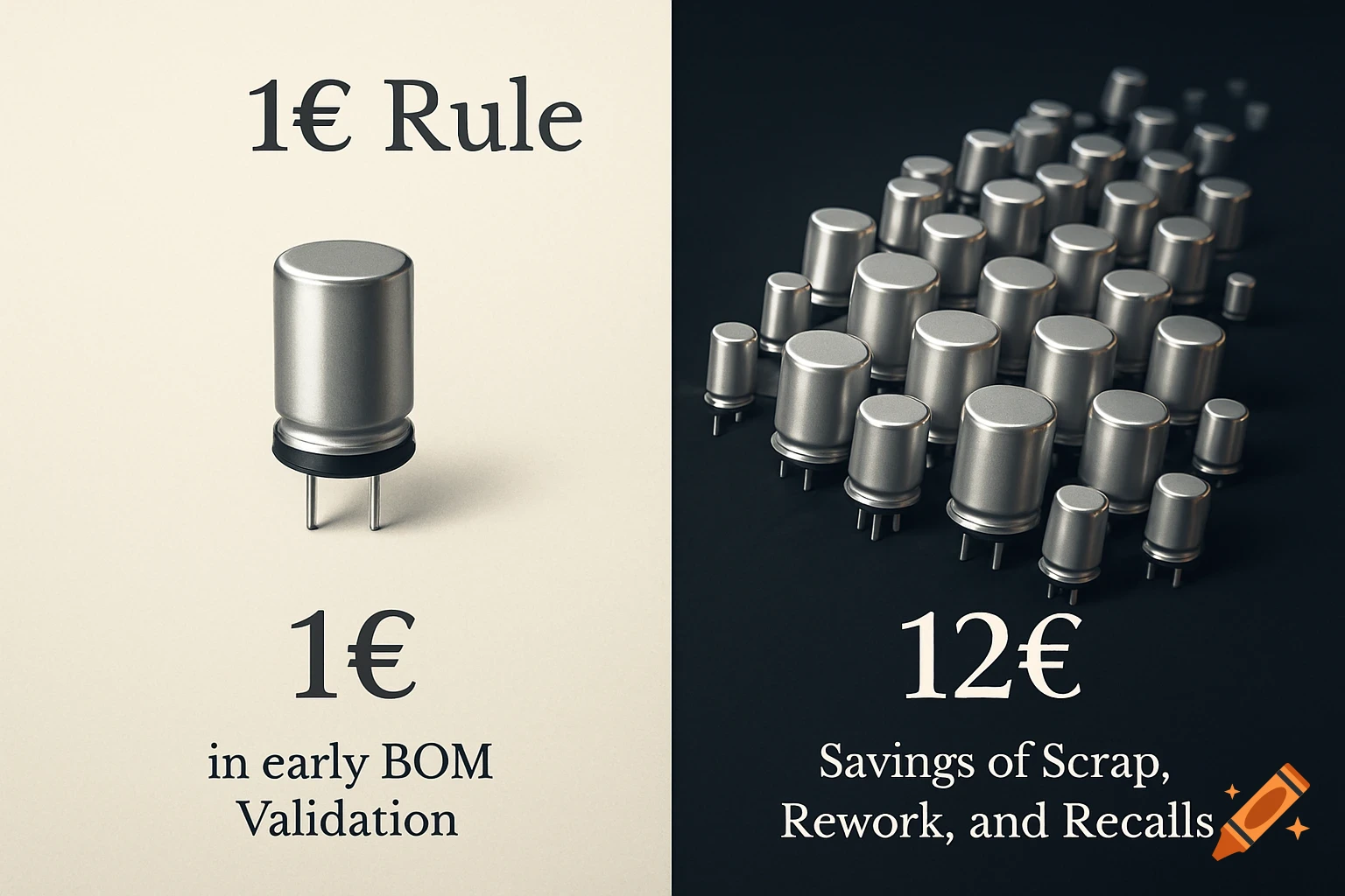 Diagram illustrating the 1€ Rule with a single capacitor on a light background and many capacitors on a dark background, showing cost savings.