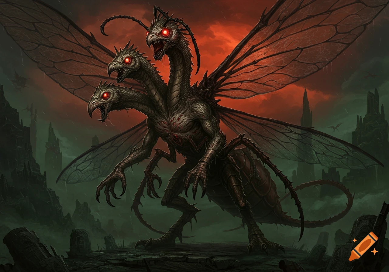 A monstrous dark fantasy creature with three raptor-like heads, glowing red eyes, insectoid wings, and a chitinous body stands in a desolate, rocky landscape under a stormy red and green sky.