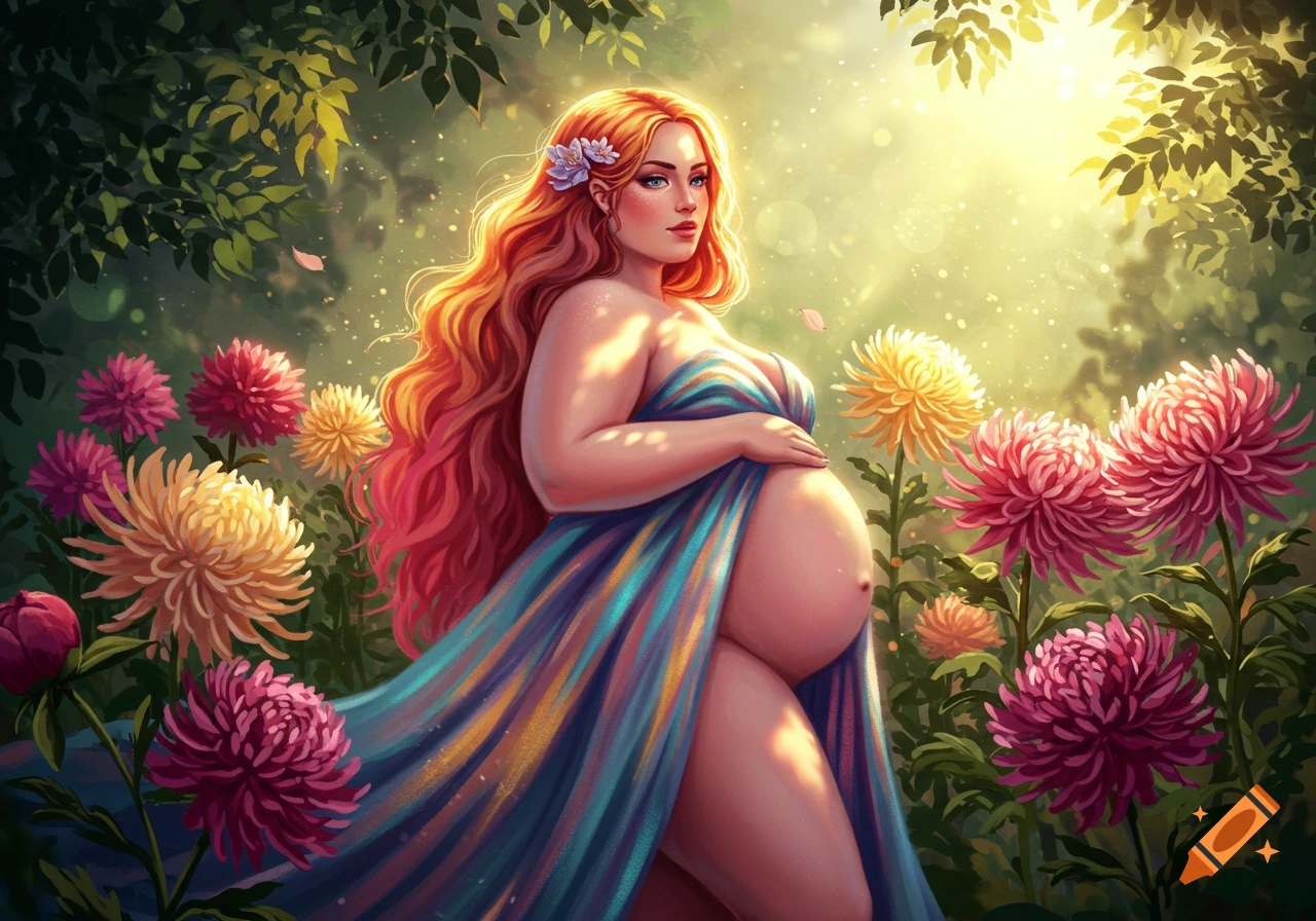 Illustrative fantasy art of a plus-size pregnant woman with red hair in a blue dress, standing in a lush garden with pink and yellow flowers.