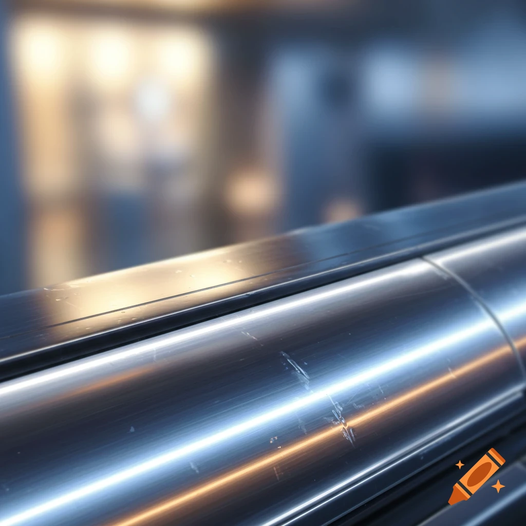 A close-up, photorealistic shot of shiny, reflective metal surfaces with soft lighting and a blurred background.