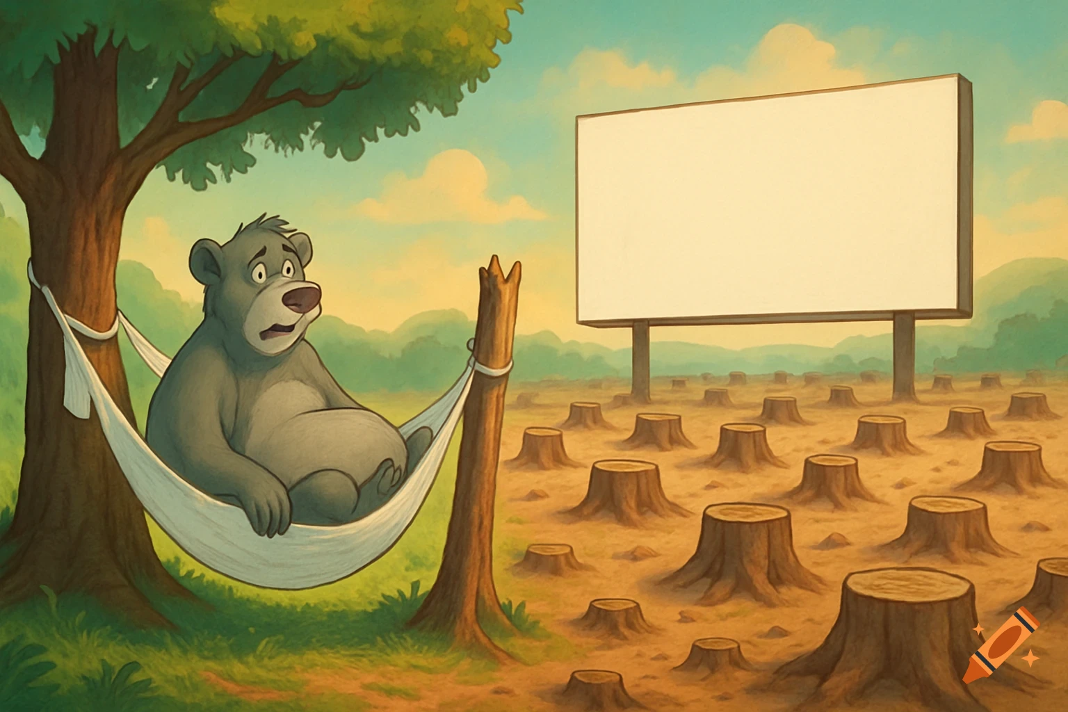 A sad Baloo the bear sits in a toilet paper hammock, looking at a field of tree stumps and a blank billboard in animation style.