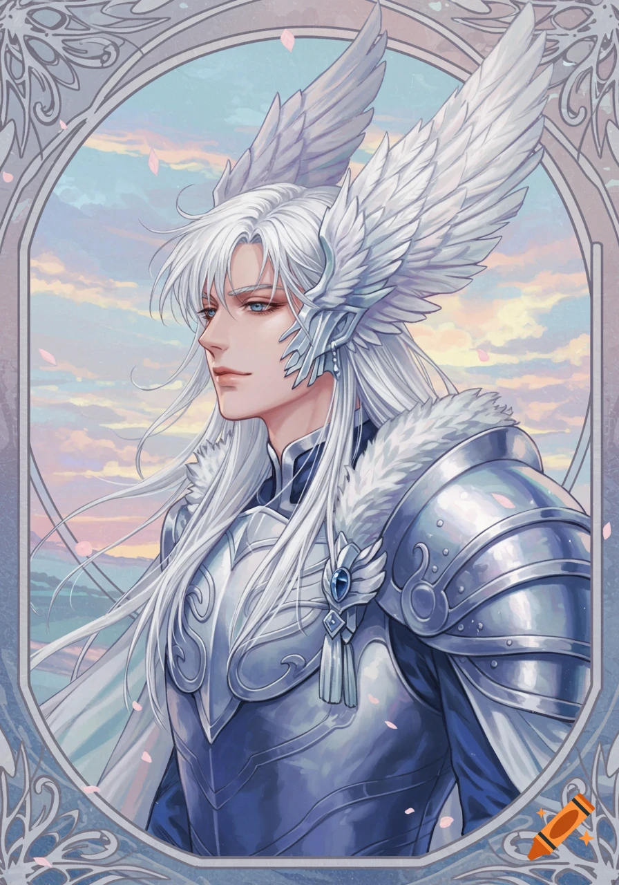 White-haired young man in silver winged headdress and armor, framed against a pastel sky, in an anime style.