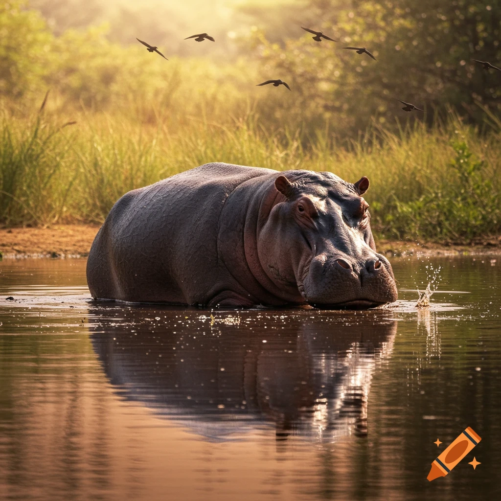 A large hippo partially submerged in water at sunset, with birds flying overhead and lush greenery in the background.