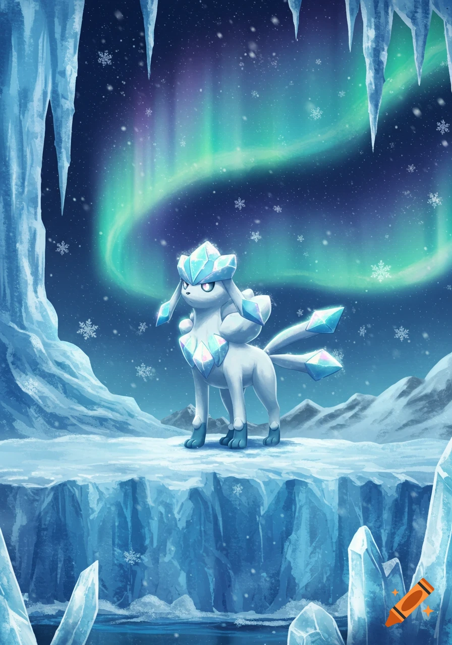 A white crystalline creature resembling Glaceon stands on a snowy ice plain under an aurora-lit night sky.
