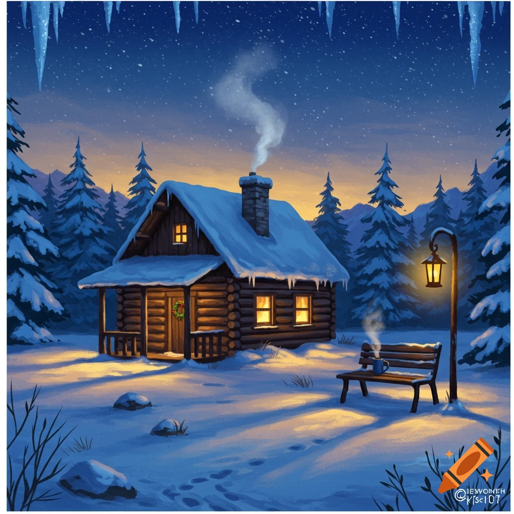 A cozy log cabin in a snowy winter landscape at dusk, with warm lights, smoking chimney, a lamppost, and snow-covered trees.