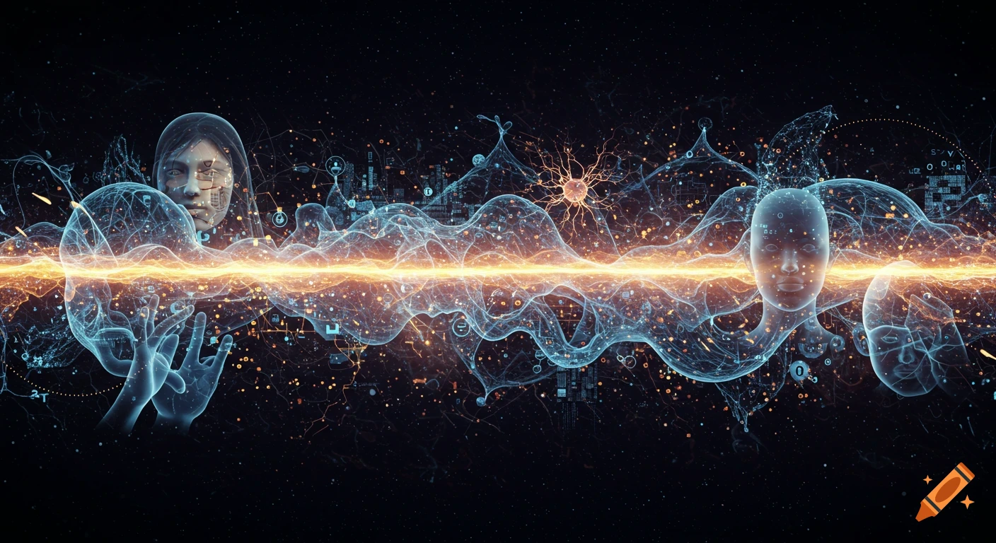 Futuristic banner depicting two human-like faces and hands emerging from glowing neural networks and organic energy waves, symbolizing AI and humanity.