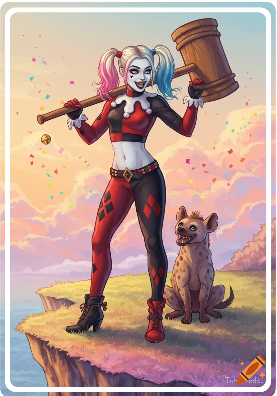 Harley Quinn in a jester outfit smiles, holding a mallet, with confetti and a happy hyena on a cliff at sunset, comic art style.