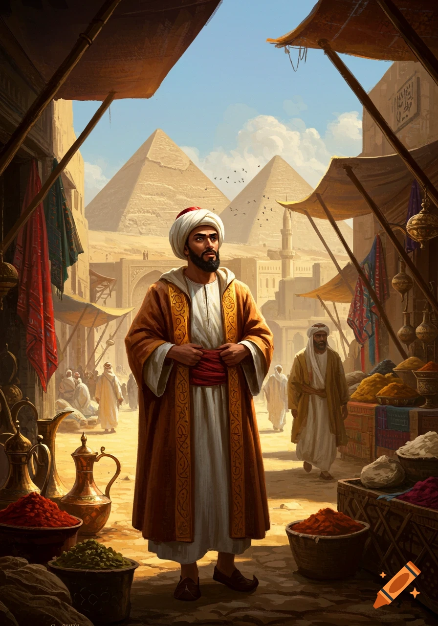 A man in traditional robes and a turban stands in a bustling desert marketplace with pyramids in the background, in a detailed historical illustration.