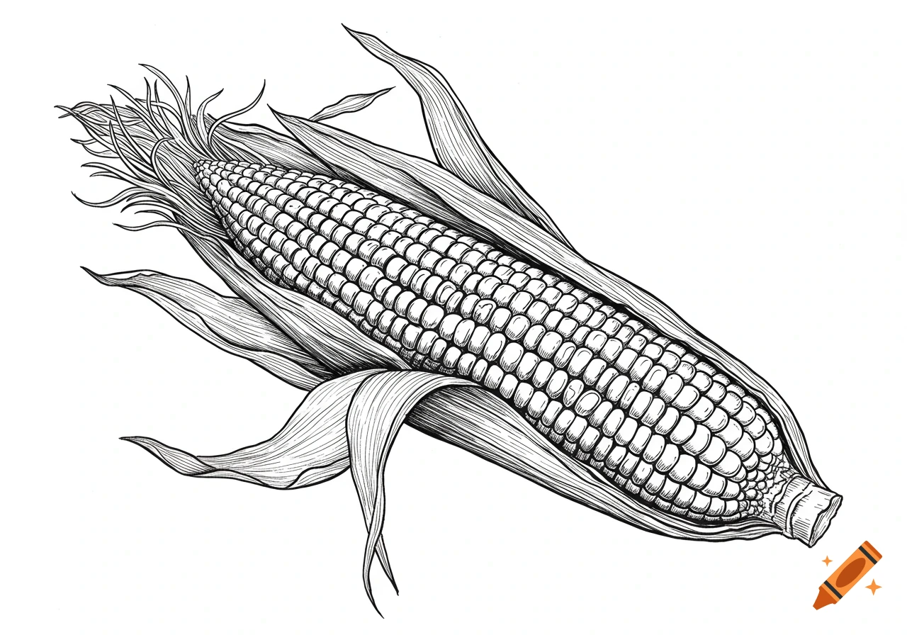 Black and white line art illustration of an ear of corn with its husks on a white background.