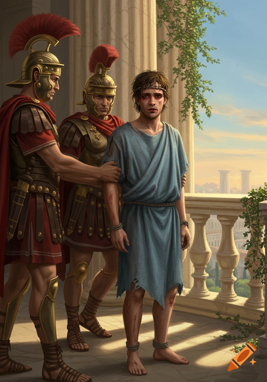 Two Roman legionaries present a shackled, injured man with a thorny wreath on a classical balcony overlooking a city.
