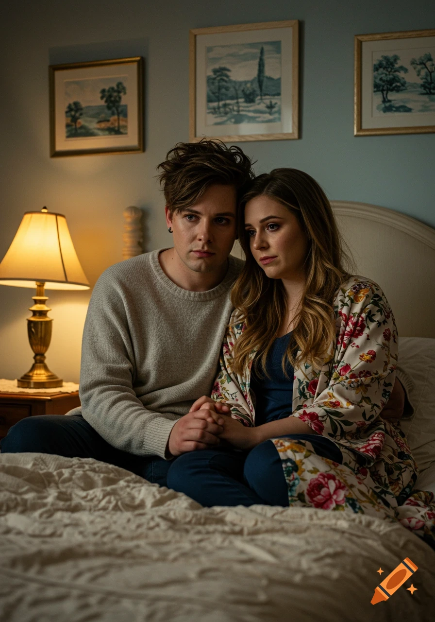 A young man and woman sit closely on a bed, holding hands with sad expressions, in a dimly lit bedroom.