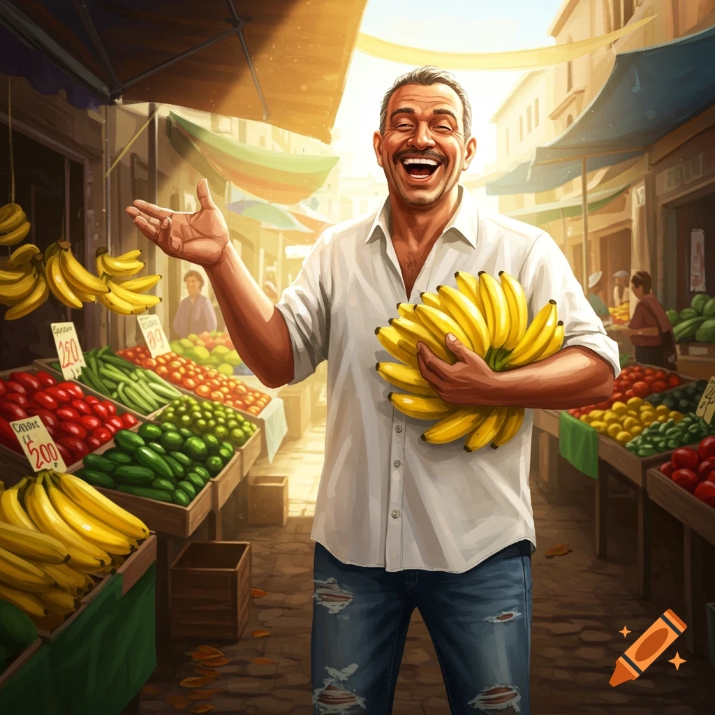A smiling man in a white shirt and ripped jeans holds bananas at a bustling outdoor market with fruit and vegetable stalls.