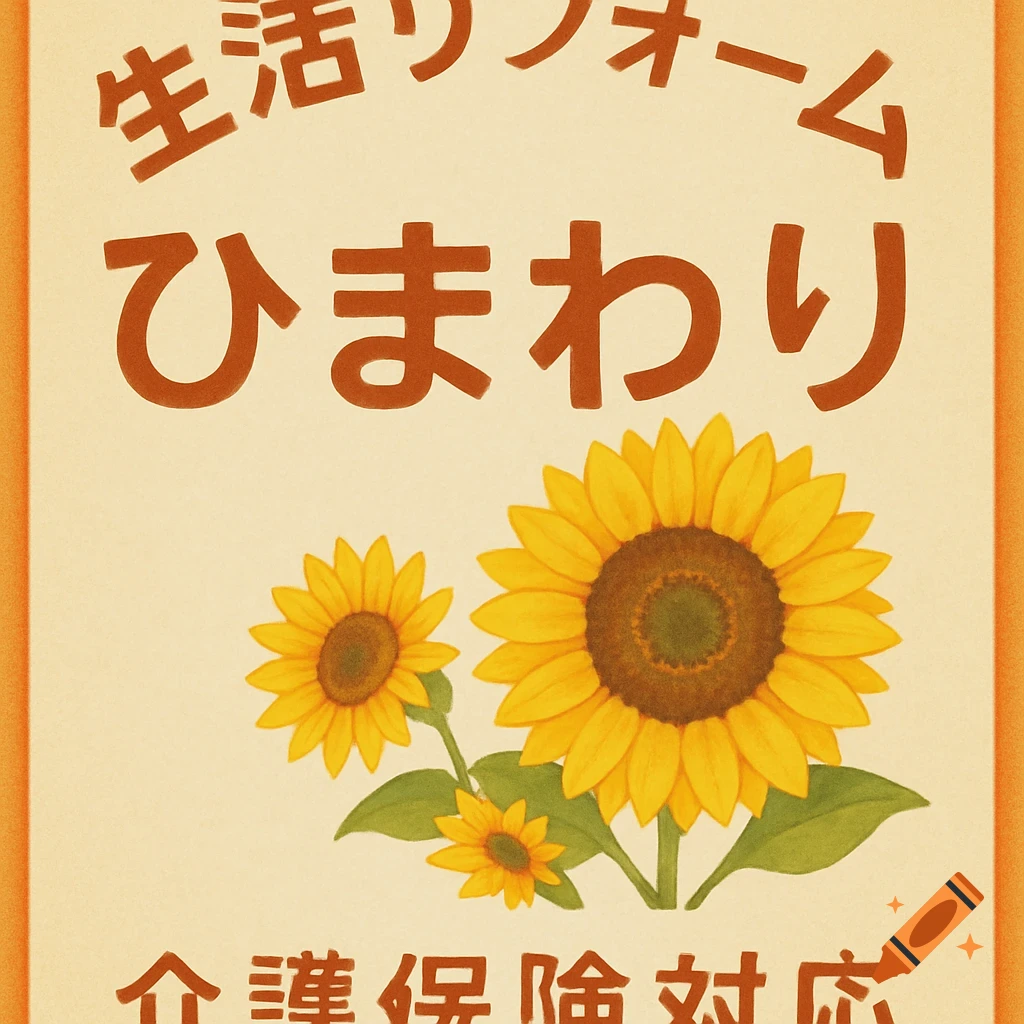 Illustrated Japanese sign featuring '生活リフォーム' and 'ひまわり' text with three vibrant yellow sunflowers, on a warm beige background.