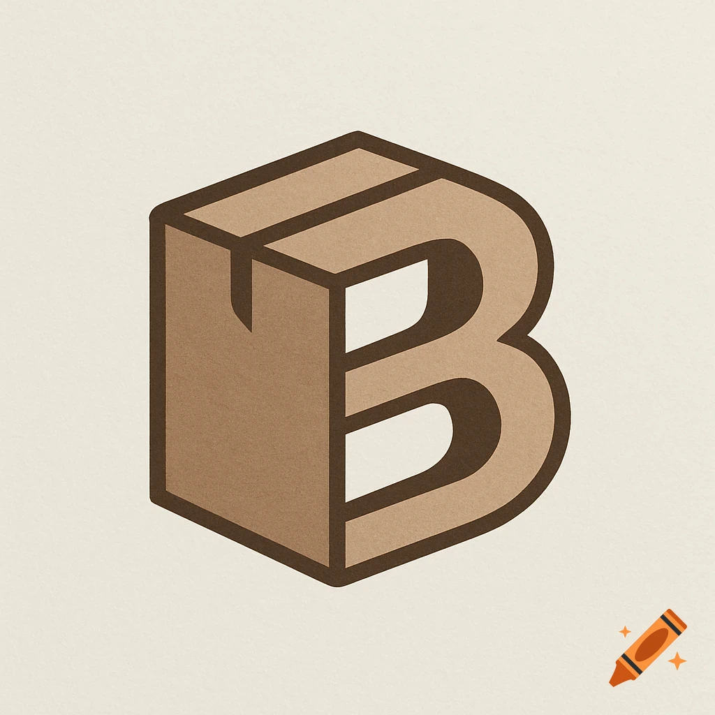 A brown isometric capital letter B shaped like a cardboard box with a dark outline on a light beige background.