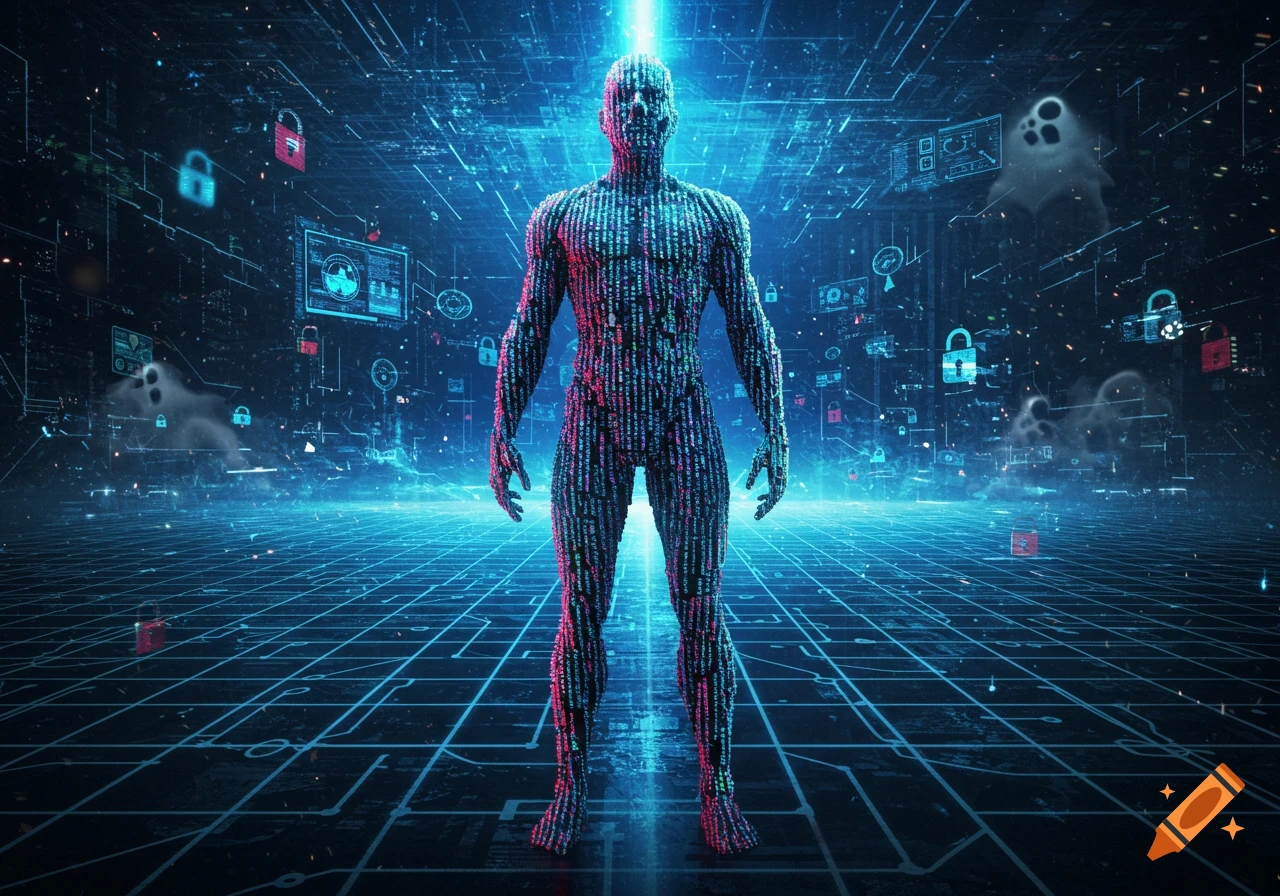 A glowing digital human figure composed of binary code stands on a blue grid in a dark, futuristic cyberspace environment with floating padlock icons.