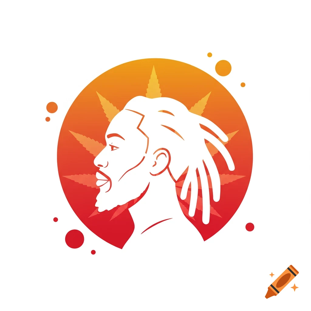 Minimalist icon of a man's profile with dreadlocks, beard, against an orange and red circle with subtle cannabis leaves.