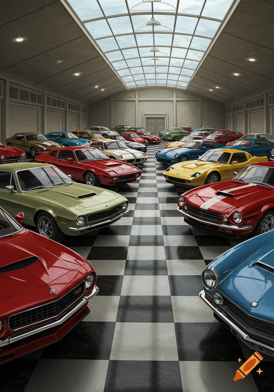 A large collection of classic colorful sports cars parked on a black and white checkered floor in a spacious garage with a skylight roof.