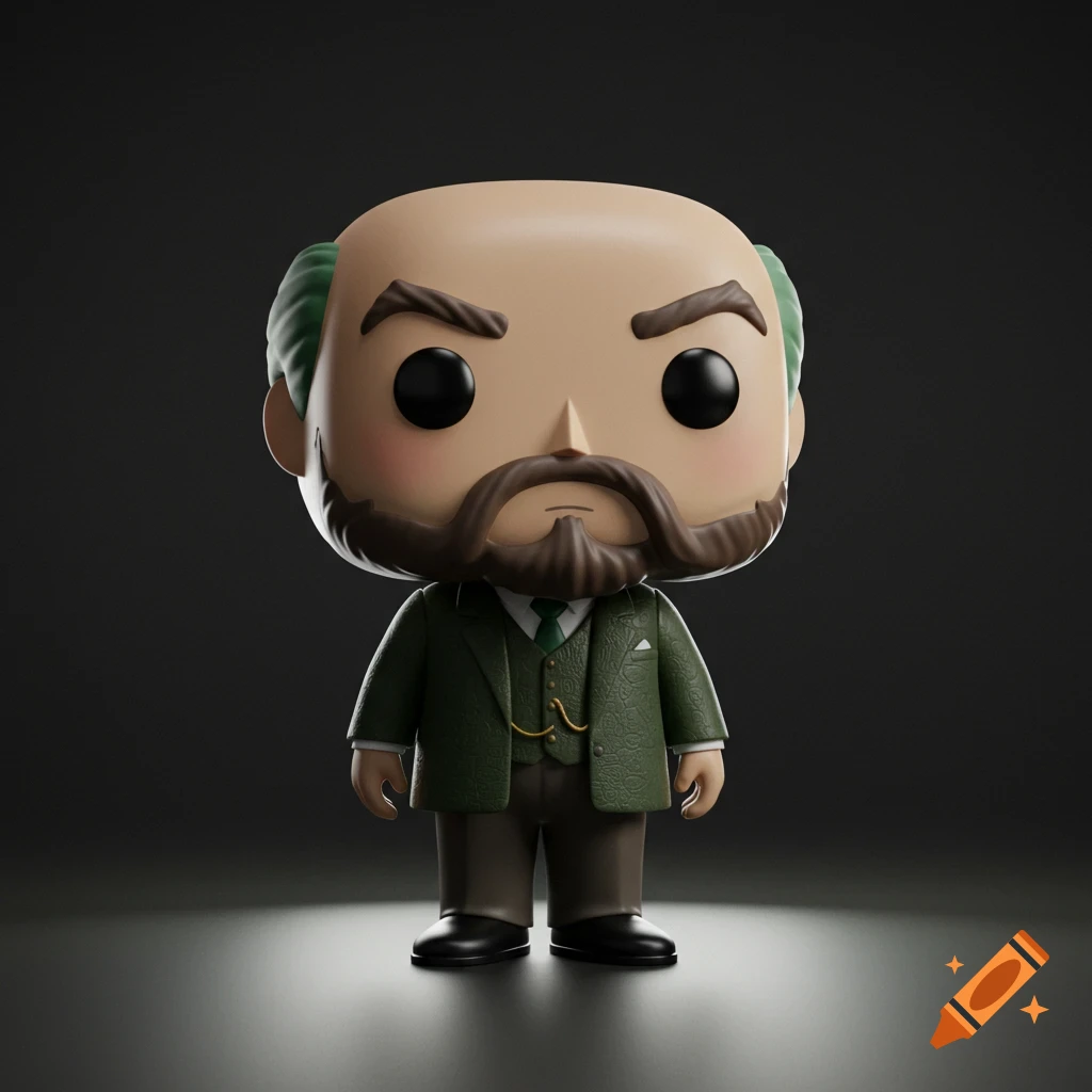 A 3D render of a Funko Pop figure resembling Itō Hirobumi, a bald man with a beard, wearing a green suit, standing.