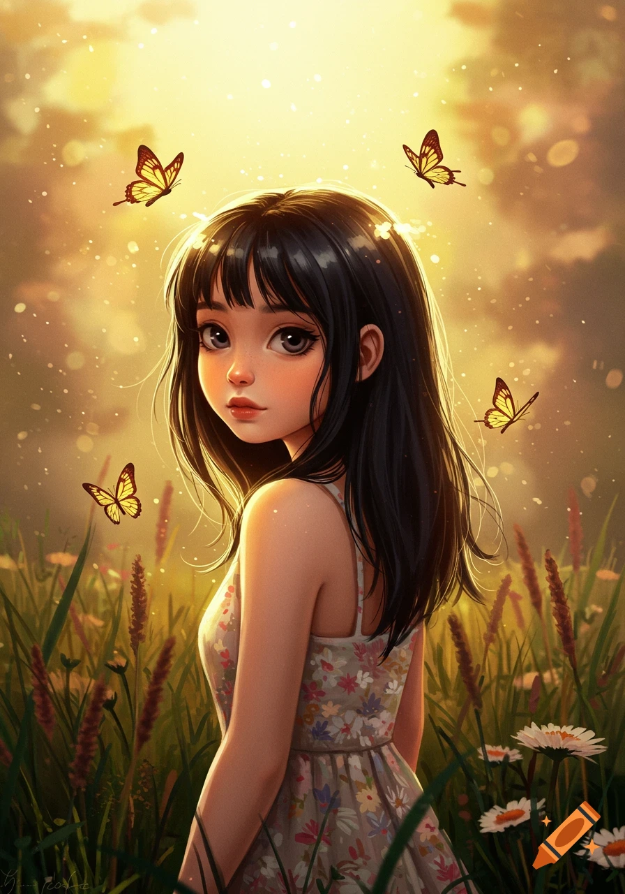 An anime-style girl with dark hair in a floral dress stands in a sunlit field with butterflies and daisies.