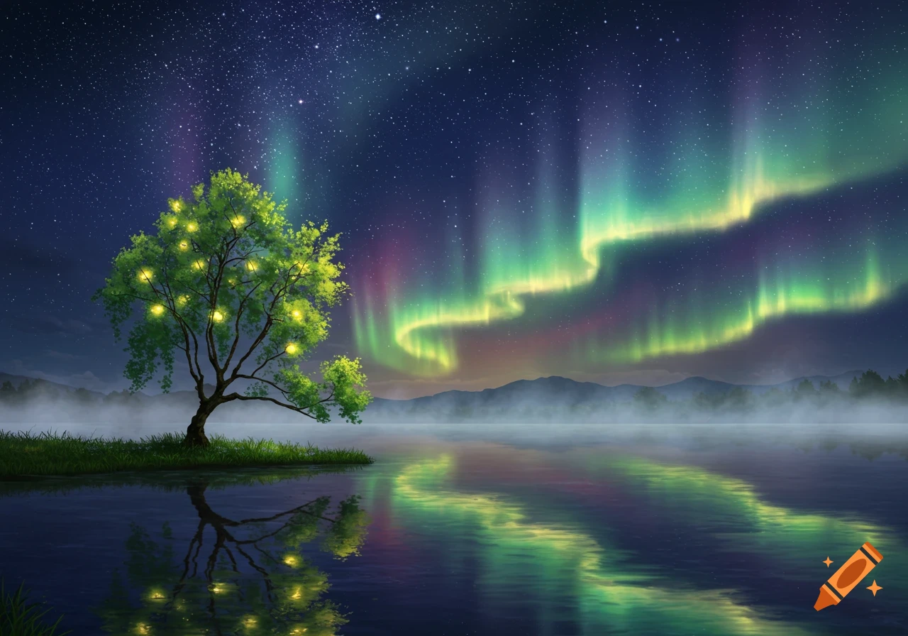 A solitary tree with glowing yellow lights stands by a misty lake, reflecting a vibrant green and purple aurora borealis under a star-filled night sky.