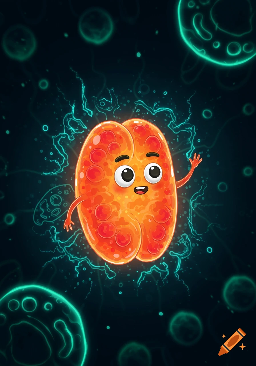 A friendly, orange cartoon mitochondria with a smiling face and waving arm, surrounded by glowing teal energy and microscopic cells on a dark background.