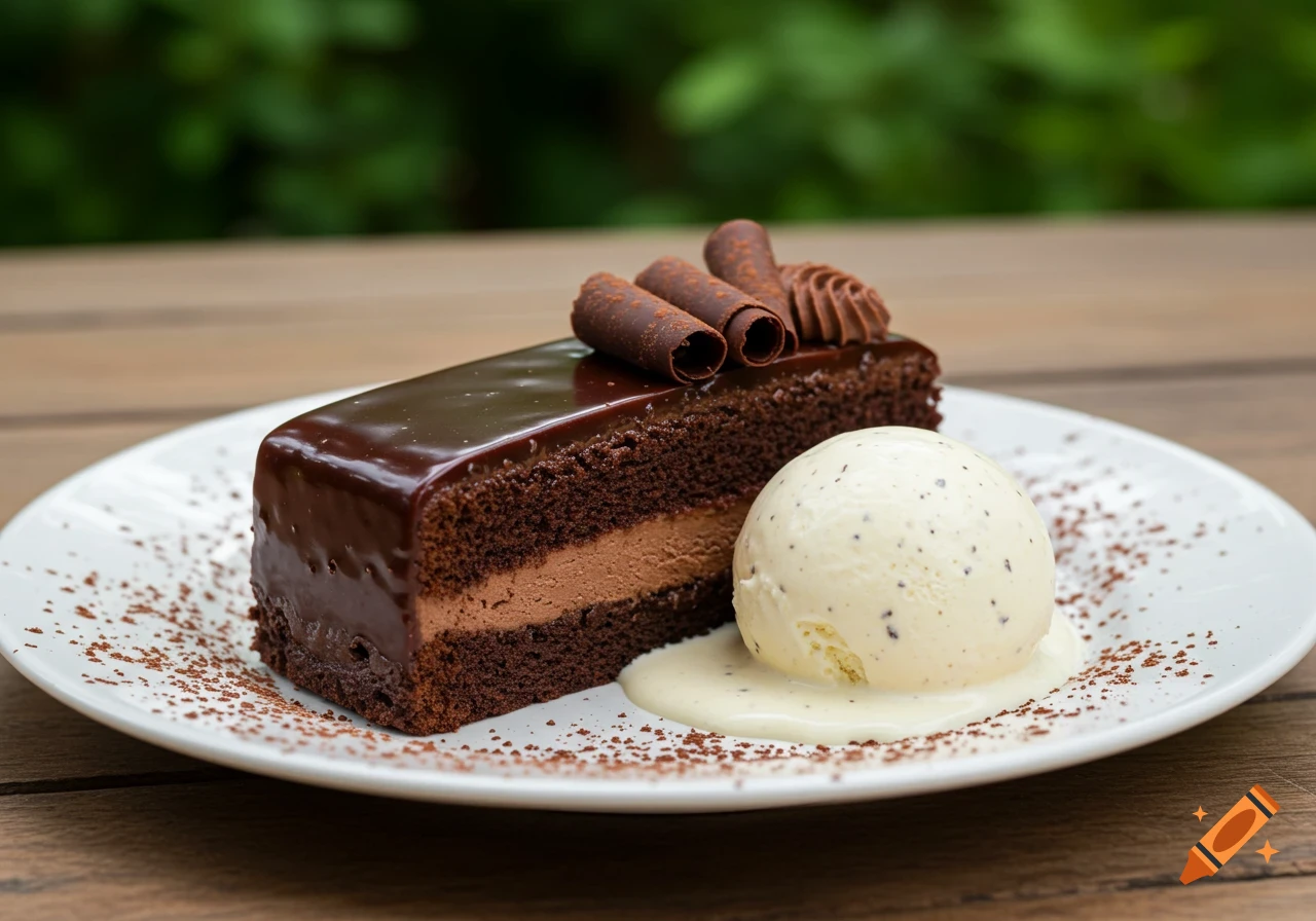 A close-up shot of a rich chocolate cake slice with glossy ganache and chocolate curls, served with a scoop of melting vanilla ice cream on a white plate, dusted with cocoa, on a wooden table with a blurred green background.