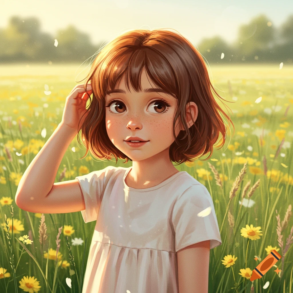 Cartoon illustration of a young girl with short brown hair and freckles, wearing a white dress, standing in a sunny field of yellow flowers.
