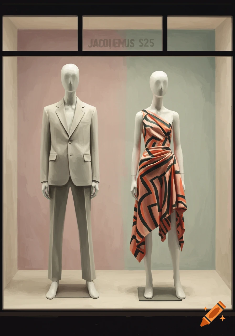 Two faceless mannequins, one male in a beige suit and one female in a peach and black patterned dress, stand in a storefront window display.