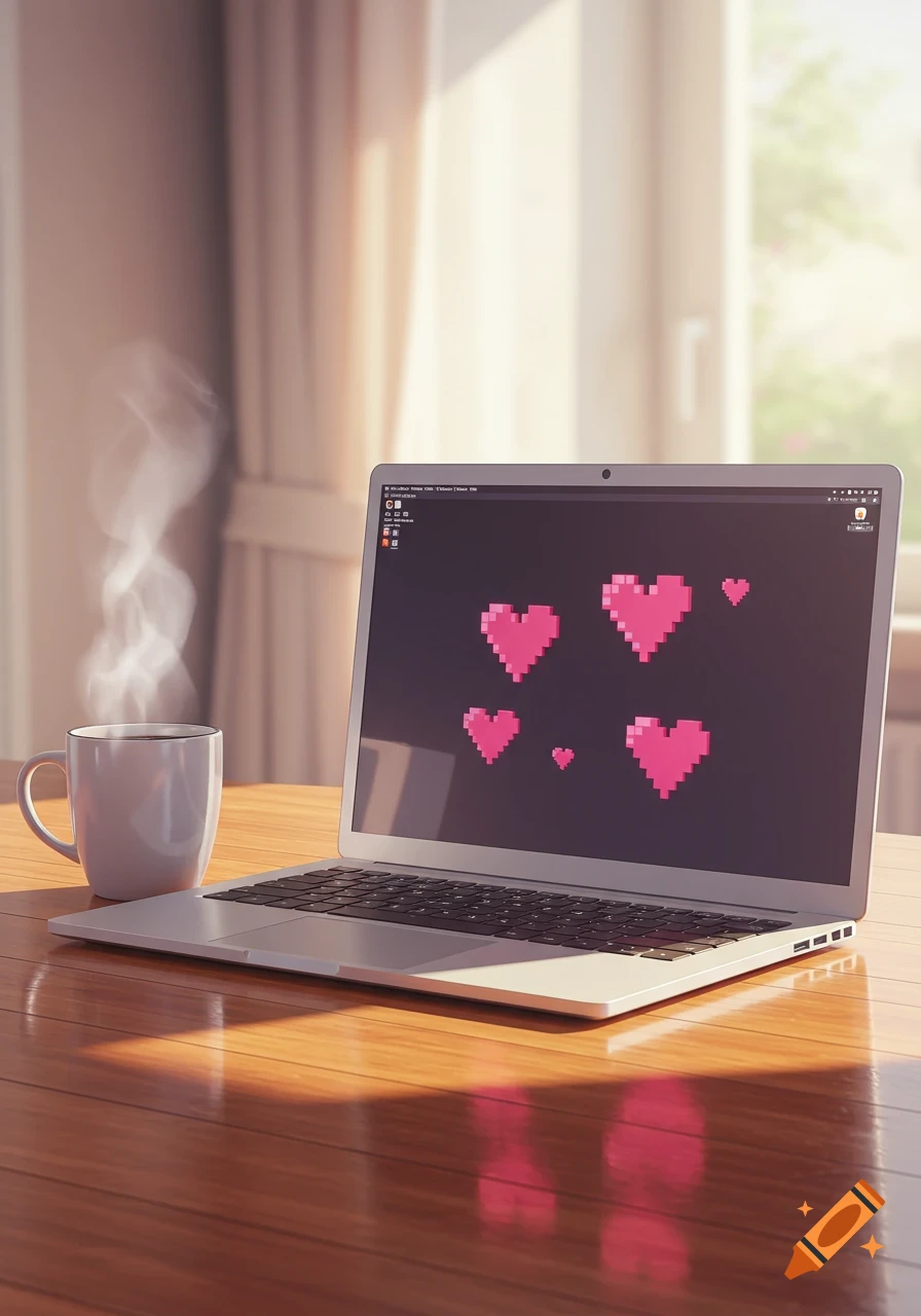 A steaming cup of coffee sits beside an open laptop displaying pixel hearts on its screen, on a sunlit wooden table in an anime style.