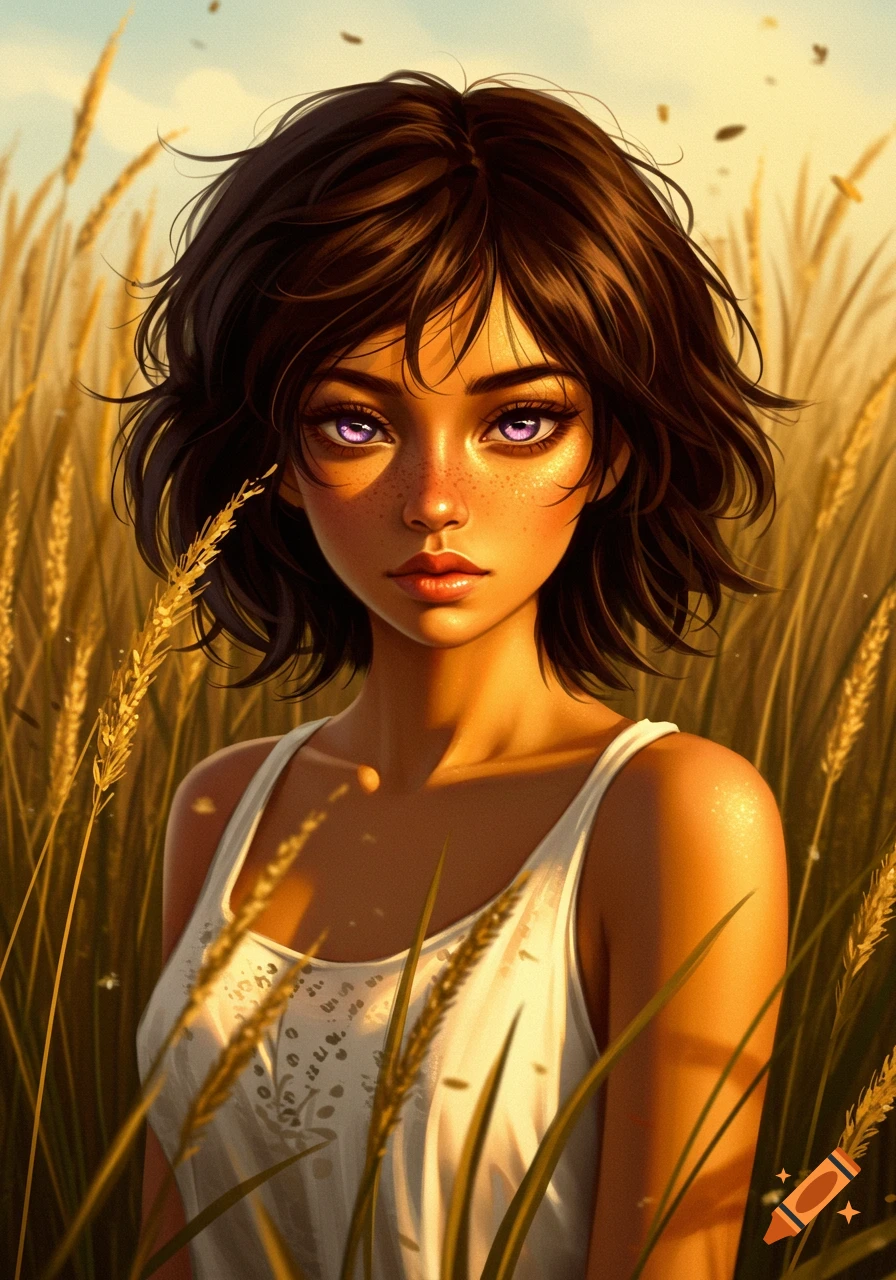 Digital illustration of a young woman with sandy honey-brown skin, dark brown hair, and purple eyes, standing in a golden wheat field.