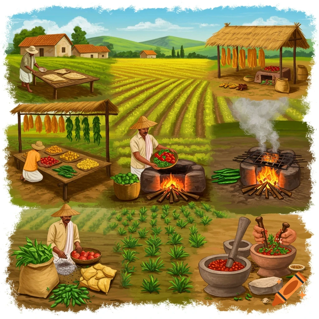 Illustration of small-scale farming practices: drying, cooking, and preparing crops in a rural landscape.